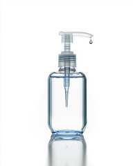 Clear liquid pump bottle with dispenser and droplet on white background  