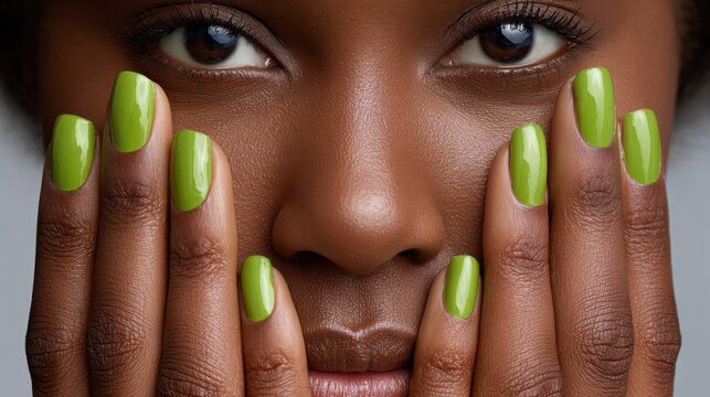 Close-up portrait of an African american woman model showing monochromatic manicure with stylish green nail polish on her hands