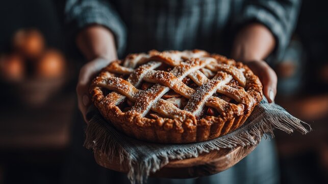 Homemade apple pie is held, lattice crust, warm light - Powered by Adobe
