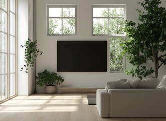 A modern living room with large windows, white walls, and light wood floors