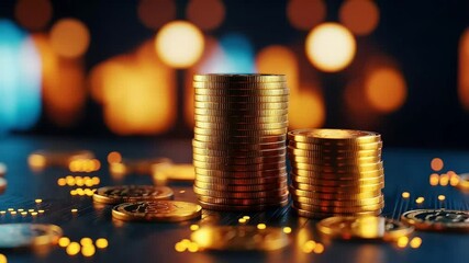 Stacks of gleaming gold coins are scattered across a dark, textured surface, illuminated by soft, blurred lights in the background, evoking a sense of wealth and financial prosperity