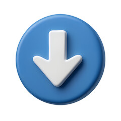 Stylized Down Arrow Icon on a Blue Circular Button, Simple Design with Transparency and Embossed Appearance, Clean and Modern