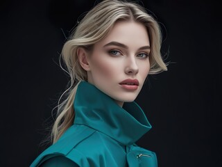 Female image in fashionable clothes in style and color Transformative Teal, black background, close-up, color trend 2026