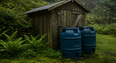 Obraz premium Two blue water barrels collect rainwater from a rustic wooden shed nestled amidst lush green ferns and dense forest foliage.