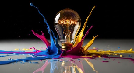 Lightbulb bursts with colorful paint "Creative" glows within