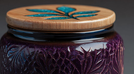 Ornate purple ceramic container with carved botanical design and wooden lid featuring turquoise inlay
