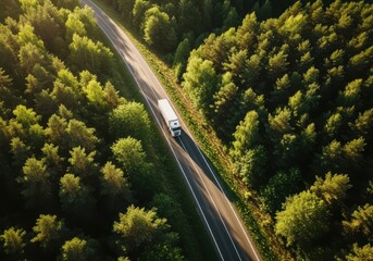 Aerial view of a truck driving through a lush green forest