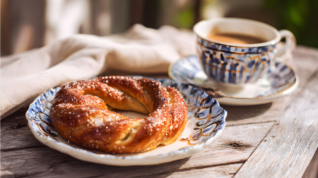 Traditional Dutch Krakeling Cake Served with Coffee on a Rustic Wooden Table with Elegant Dishware