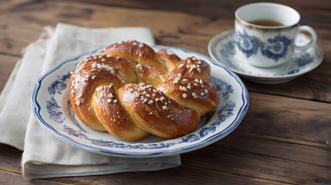 Traditional Dutch Krakeling Cake on Plate with Coffee Cup Against Rustic Wooden Background