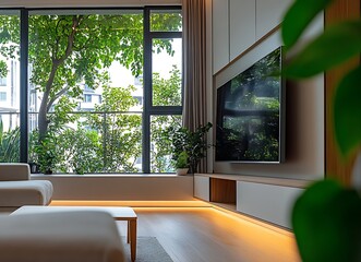 A modern living room with large windows, white walls, and light wood floors