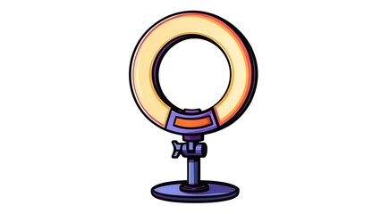 Colorful cartoon illustration of a professional ring light on a purple stand for vlogging and streaming.