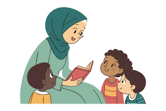 muslim woman reading book to children clip art preview