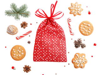 Festive red polka dot gift bag surrounded by christmas treats and decorations isolated on transparent background