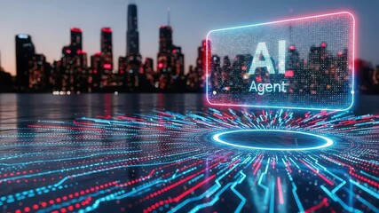 An abstract representation of artificial intelligence agent technology with glowing circuits against a city skyline at night