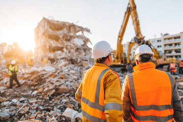 Workers assess residential rebuilding at a construction site during sunset in a city setting