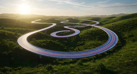 A futuristic, elevated highway with light trails winds through a lush, green, hilly landscape at sunset.