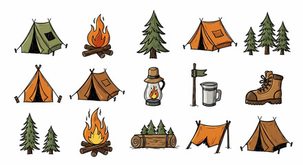 Playful hand-drawn camping and nature icons. Sketchy drawings of tents, pine trees, campfires, and hiking boots. Loose ink style with rustic charm