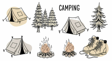 Playful hand-drawn camping and nature icons. Sketchy drawings of tents, pine trees, campfires, and hiking boots. Loose ink style with rustic charm