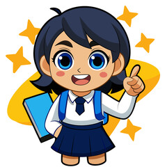 Illustration of cartoon school girl with backpack and book pointing up with stars for education design