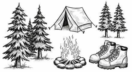 Playful hand-drawn camping and nature icons. Sketchy drawings of tents, pine trees, campfires, and hiking boots. Loose ink style with rustic charm