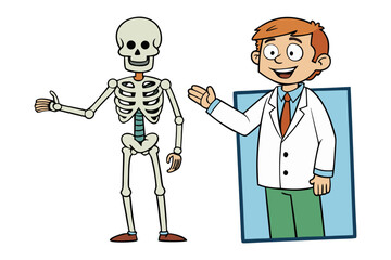 Friendly cartoon doctor explains human anatomy with a full skeletal model in an educational setting