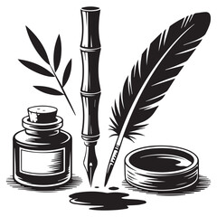 Vintage quill pen inkwell and bamboo branch illustration representing classic writing and artistic expression