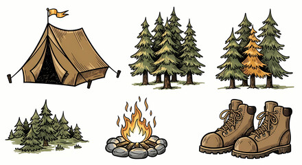 Playful hand-drawn camping and nature icons. Sketchy drawings of tents, pine trees, campfires, and hiking boots. Loose ink style with rustic charm