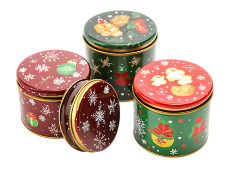 Four festive christmas tins with lids and decorative patterns isolated on transparent background - Powered by Adobe