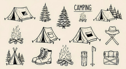 Playful hand-drawn camping and nature icons. Sketchy drawings of tents, pine trees, campfires, and hiking boots. Loose ink style with rustic charm
