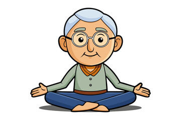 Cartoon elderly man with gray hair and glasses meditating peacefully in a lotus pose