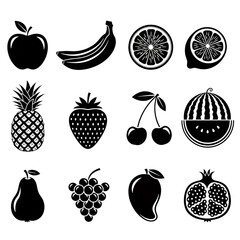 Fresh fruit silhouettes: apple, banana, pineapple, strawberry, citrus, pear, mango, grapes, watermelon, cherry, pomegranate icons. Ideal for healthy eating designs, nutrition blogs, food packaging,