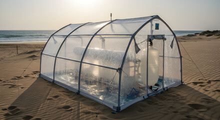 A clear, arched tent housing water purification equipment on a sun-drenched sandy beach beside the ocean.
