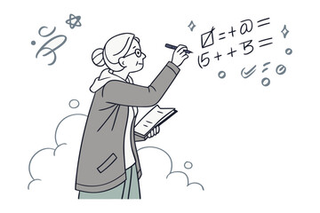 A wise elderly woman with glasses diligently solving math problems on a whiteboard with a marker in hand