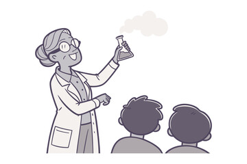 Enthusiastic cartoon scientist demonstrates chemical reaction with flasks and bunsen burner before a whiteboard