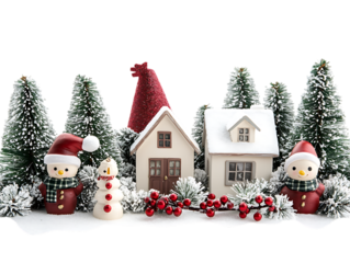 Charming christmas village scene with snow covered houses and festive characters isolated on transparent background
