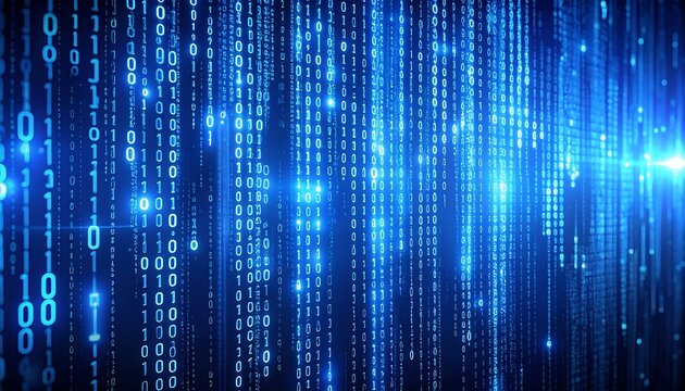 Binary code streams, glowing blue, digital backdrop