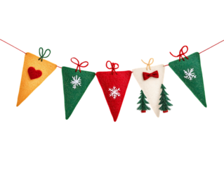 Festive christmas bunting with various holiday symbols isolated on transparent background