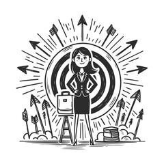 person standing in front of large target with surrounding arrows and business symbols, vector