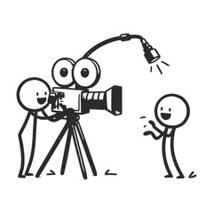 Playful stick figure film crew in minimalist scene with cartoon camera and performer, vector