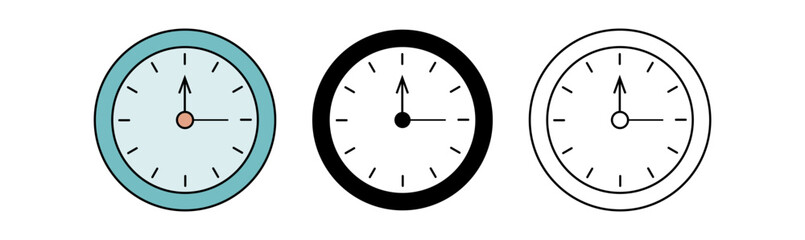 A set of three minimalist clock designs, featuring varying colors and styles, ideal for modern decor.