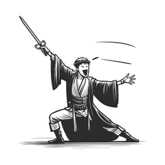 Martial arts themed minimalist drawing of hero in action, vector