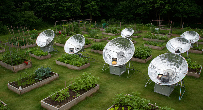 Multiple parabolic solar cookers reflect the sky among raised vegetable garden beds in a lush, green outdoor setting.