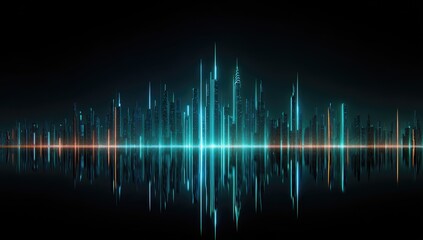 Futuristic city skyline reflecting, glowing at night; digital art