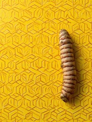 Turmeric root lies on textured yellow background in natural light, creating earthy aesthetic