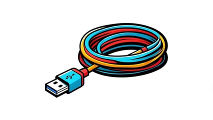 Stylized USB cable with vibrant red, blue, and yellow stripes coiled on a white background