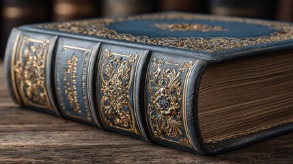 Ornate blue & gold book, textured cover, aged paper edges