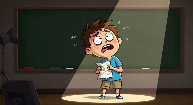 Scared Cartoon Boy Sweating Under Spotlight Holding Crumbled Paper in Classroom
