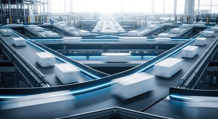 Packages move fast on a conveyor belt system in an automated warehouse