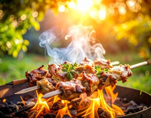 Juicy lamb kebab sizzles over hot coals, glistening with marinade. Smoke rises in golden sunlight, filling the air with a rich, savory aroma of fire-grilled perfection.