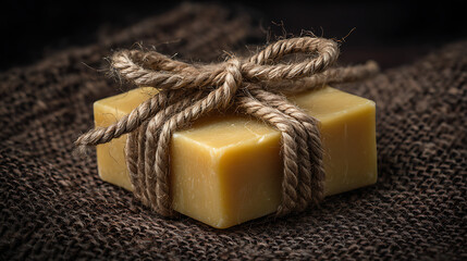 Rustic yellow soap bar tied with twine on burlap rope